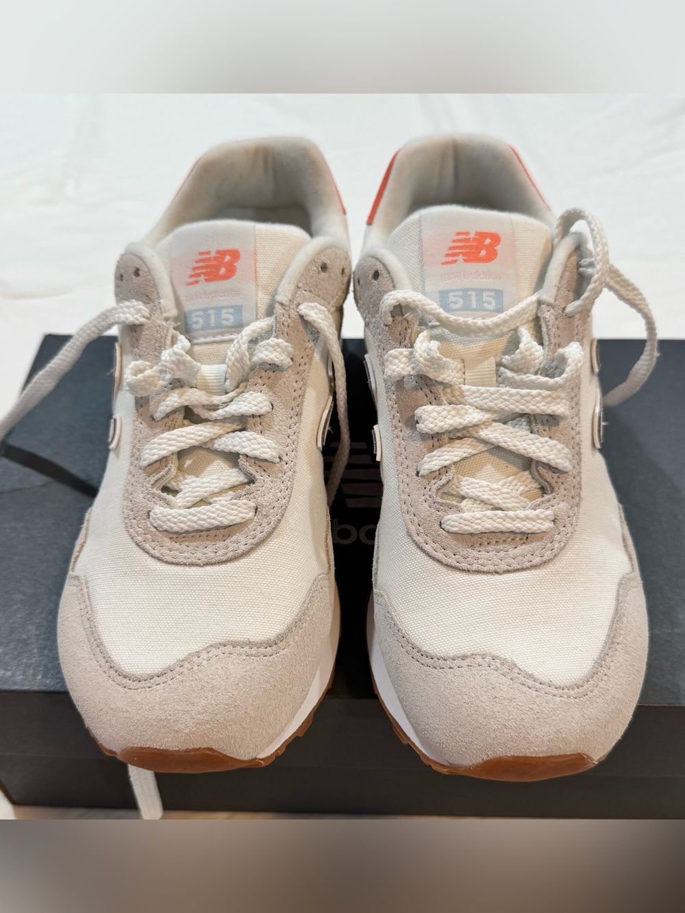 New Balance 515 Sneakers in Cream and Light Gray with Coral Logo